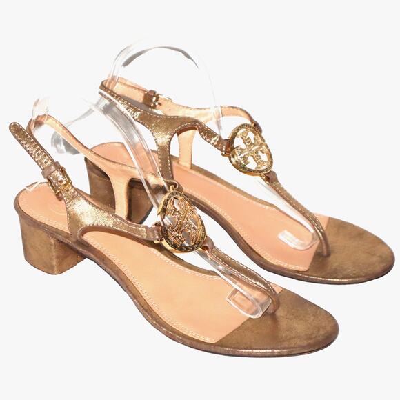 Women's Tory Burch Gold Metallic Heeled Sandals w/ Crystal Logo Medallion Sz 9.5 - Picture 2 of 6